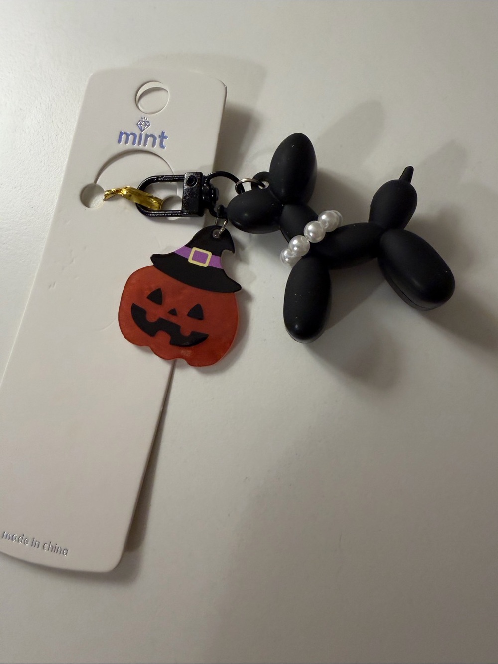 Mint Black Balloon Dog Keychain with Orange Jack-o'-Lantern Charm NWT
